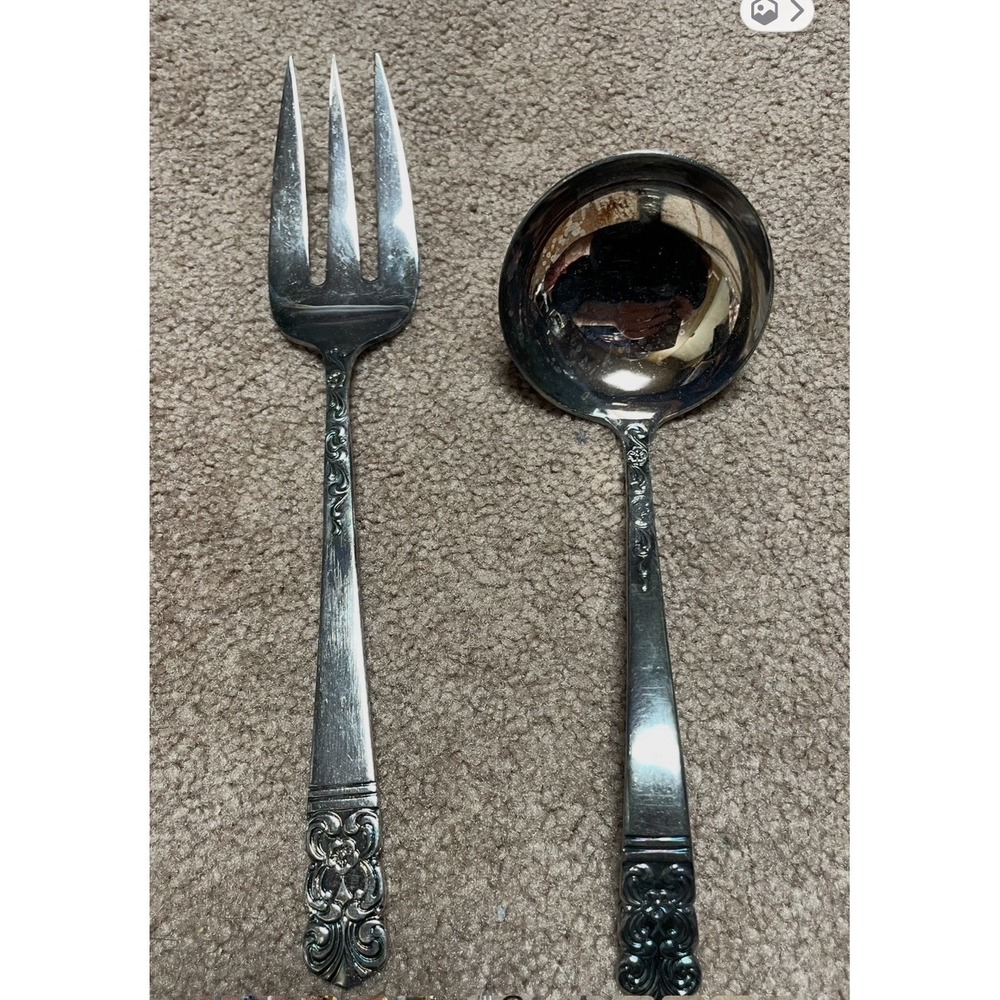 Vintage Lifetime Cutlery Stainless Floral Scrolls Serving Fork & Ladle Spoon Vtg